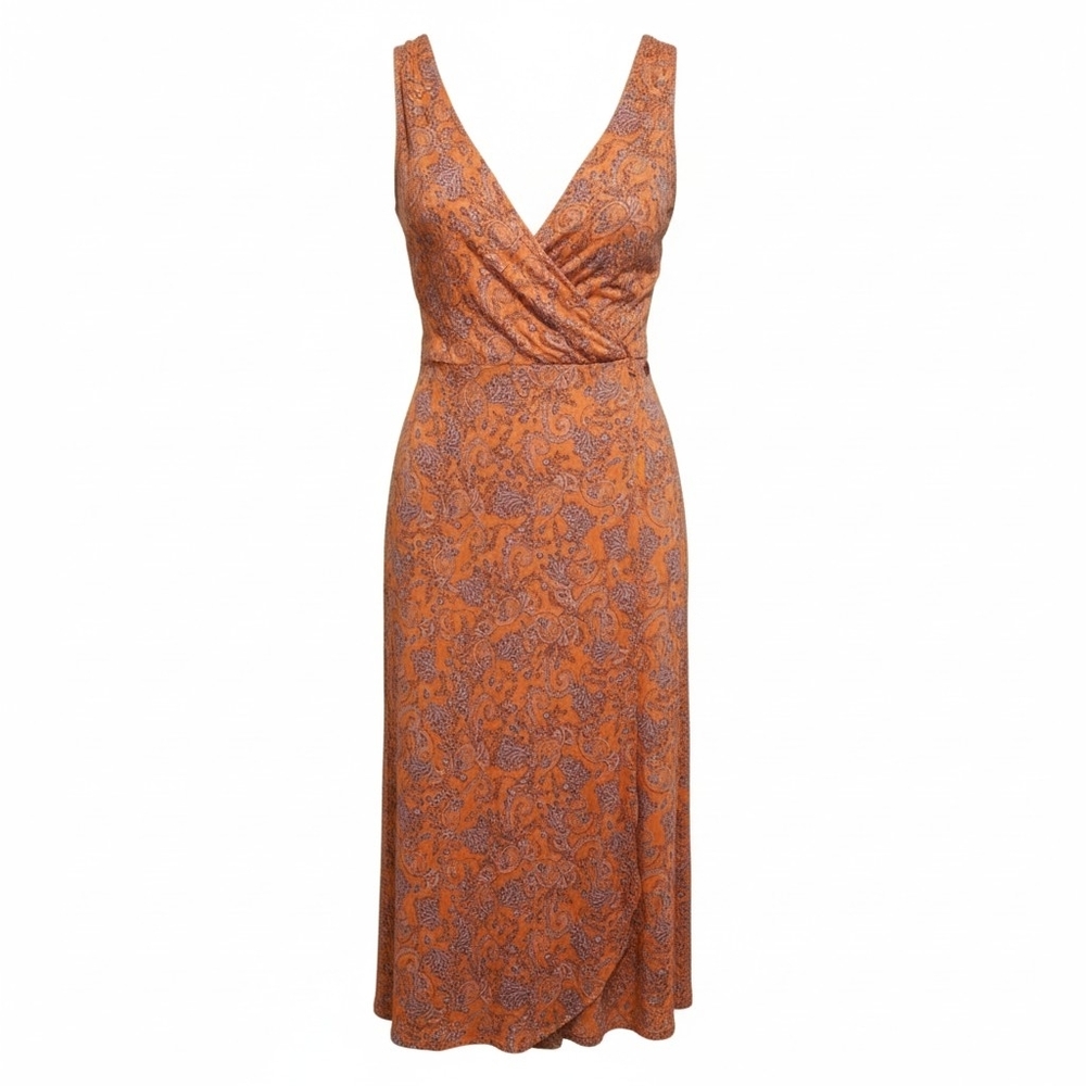 J.JILL NWT Tie-shoulder Faux-wrap Dress| Dark Apricot Ornamental Paisley Size‎ L - Picture 2 of 5